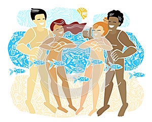 Nudism. Multinational party nude people relax on a nudist beach. Rest naked. Doodle style. Flat vector illustration with photo