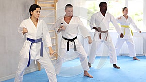 Multinational students repeat position and perform sequence of punches and painful techniques kata