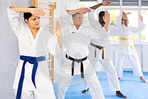 Multinational students repeat position and perform sequence of punches and painful techniques kata