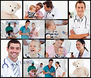 Multipanel of doctors with babies