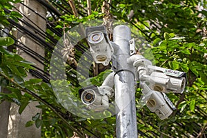 Multiple Angle Outdoor CCTV Camera on the Pole near the tree