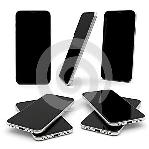 Multiple angles of modern smartphones with black screens