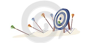 Multiple arrow missed hitting target mark isolated on white background. Fail archery goal inaccurate to purpose vector