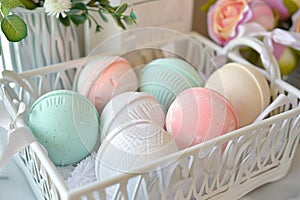 Multiple bath bombs arranged in a white decorative basket, showcasing a range of scents and colors