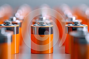 Multiple batteries arranged in rows with a focus on orange and silver design