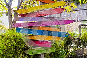 Multiple blank signs on a wooden pole in green area