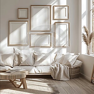 multiple blank wall art frames in in different sizes in a light filled room photo