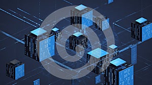 Abstract 3D rendering of interconnected blue cubes with digital data patterns representing network or blockchain