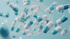 Multiple blue and white capsules are floating against a light blue background.AI generated image