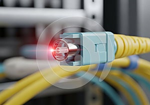 Multiple blurred cables and a server rack, suggesting a data center