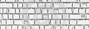 Multiple book shelves with white books, literature, book collection or bookshop concept or background