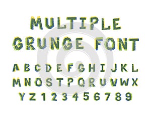 Multiple bright colors grunge font alphabet on white