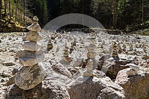 Multiple cairns of stacked stones