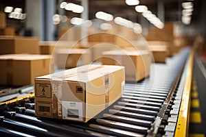 Multiple Cardboard box packages on conveyor roller ready for shipping