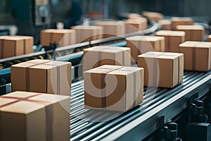 Multiple cardboard box packages move along conveyor belt, close up