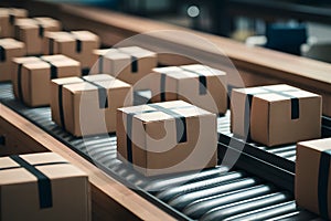 Multiple cardboard box packages move along conveyor belt, close up