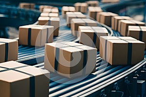 Multiple cardboard box packages move along conveyor belt, close up