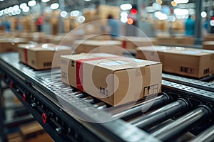 Multiple cardboard box packages seamlessly moving along a conveyor belt