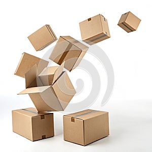 Multiple cardboard boxes falling isolated on white background photo