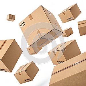 Multiple cardboard boxes falling isolated on white background photo