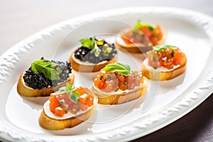 multiple caviar bruschetta servings on a classic white plate