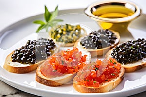 multiple caviar bruschetta servings on a classic white plate