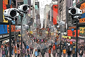 Multiple cctv cameras monitoring a vibrant city street, mass surveillance concept. Generative AI digital illustration