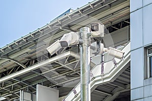 Multiple CCTV cameras mounted on post