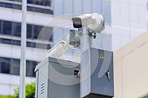 Multiple CCTV cameras mounted on post