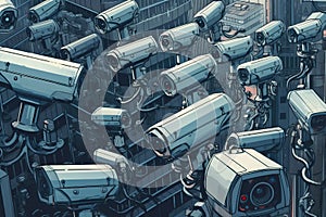 Multiple cctv cameras over a city, mass surveillance concept. Generative AI digital illustration