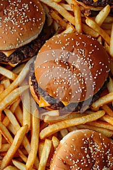 Multiple cheeseburgers surrounded by fries.