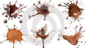 Multiple Chocolate Splashes and Drops on a White Background