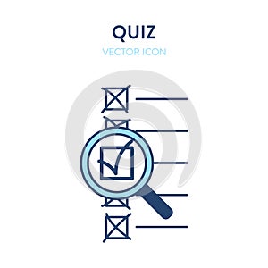 Multiple choice test search icon. Vector illustration of a multiple choice test with magnifier tool highlighting check mark with