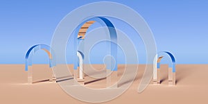 Multiple chrome retro doorframe or portal objects in surreal abstract desert landscape with blue sky background, geometric