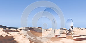 Multiple chrome retro flat geometrical objects in surreal abstract desert landscape with blue sky background, geometric primitive