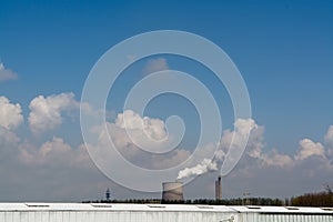 Multiple Coal Fossil Fuel Power Plant Smokestacks Emit Carbon Di