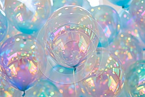 Multiple colorful balloons filled with helium floating in the air against a clear blue sky, Holographic balloons for a futuristic