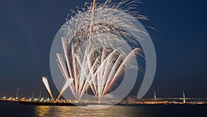Multiple colorful fireworks burst in the blue sky with distant city lights and sea waater