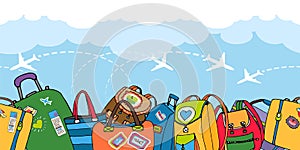 Multiple colorful suitcases bags and backpacks