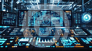 Modern control room monitoring showing charts, data analysis and futuristic user interface