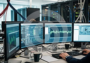 Multiple computer monitors display data analytics and waveform