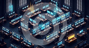 Multiple computer monitors displaying charts and graphs in a server room setting