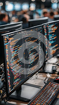 Multiple computer monitors displaying code in busy office environment