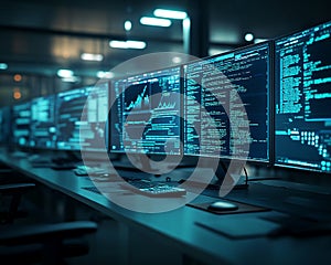Multiple Computer Monitors Displaying Code and Data Charts