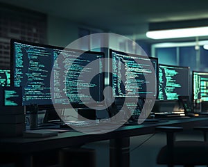 Multiple Computer Monitors Displaying Code in an Office Setting