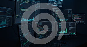 Multiple Computer Monitors Displaying Coding and Data Analysis in Dark Office Environment