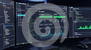 Multiple computer monitors displaying complex data and graphs in a dark room