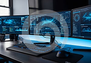 Multiple Computer Monitors Displaying Data and Analytics Dashboards