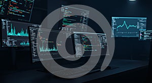 Multiple Computer Monitors Displaying Data Charts and Code in Dark Office Setting