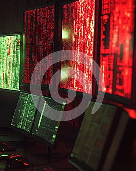 Multiple Computer Monitors Displaying Green and Red Code